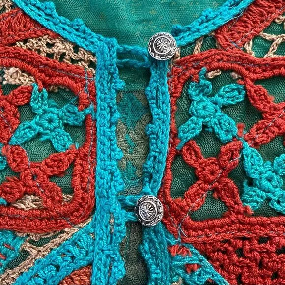Rare Vintage Sandy Starkman Aqua Patchwork/ Embroidered Boho Cardigan Size Small - Picture 11 of 15